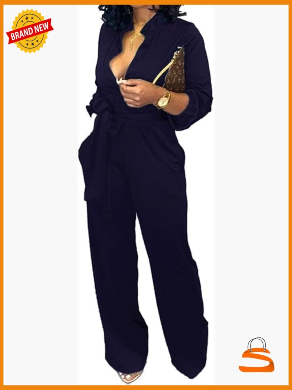 Elegant V Neck Long Sleeve Jumpsuit with Pockets and Belt
